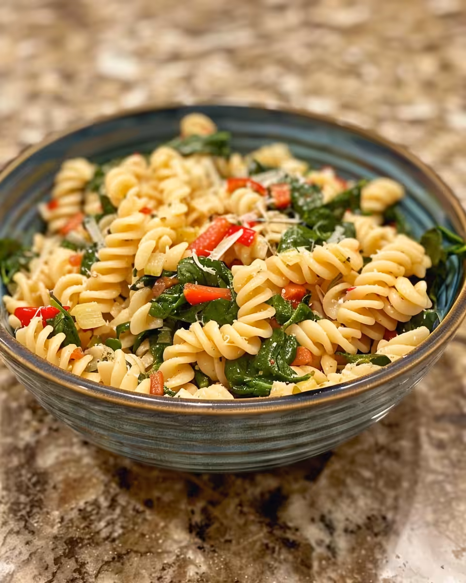 Close up of Spinach Artichoke Dip Pasta Salad in pressure cooker fresh and creamy