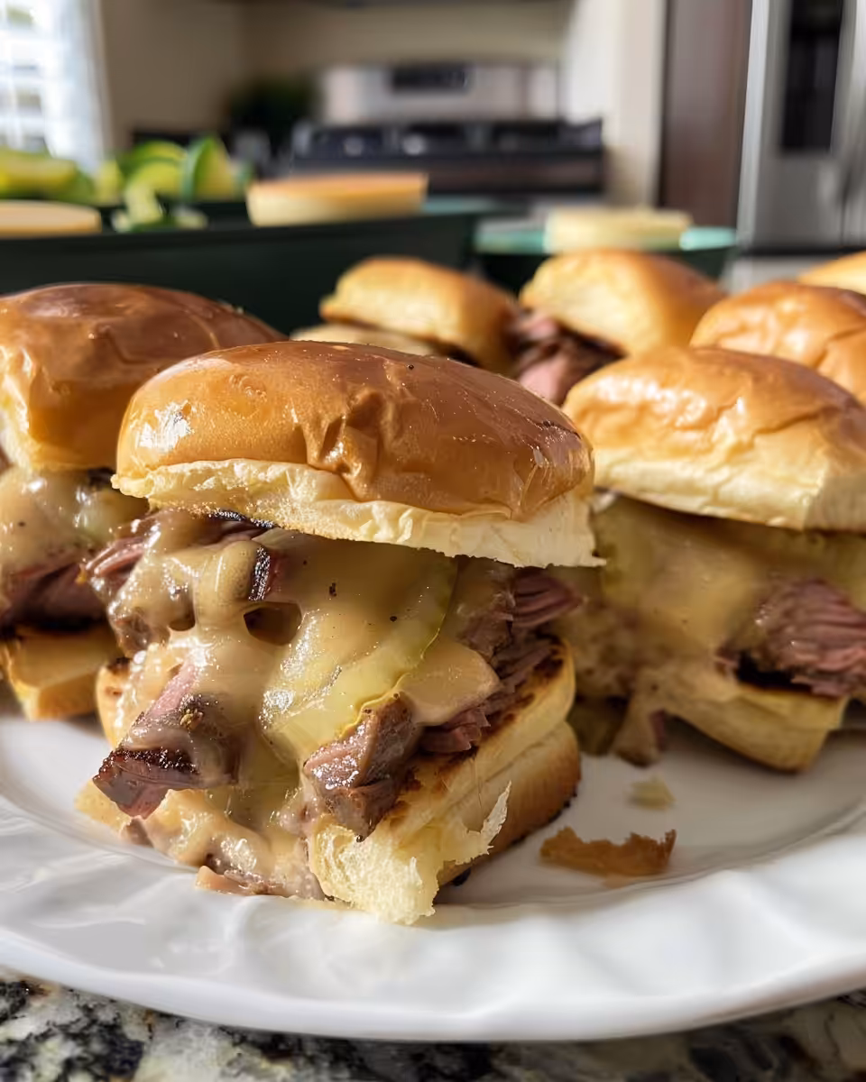 Key ingredients for corned beef sliders including rolls, cheese, and pastrami