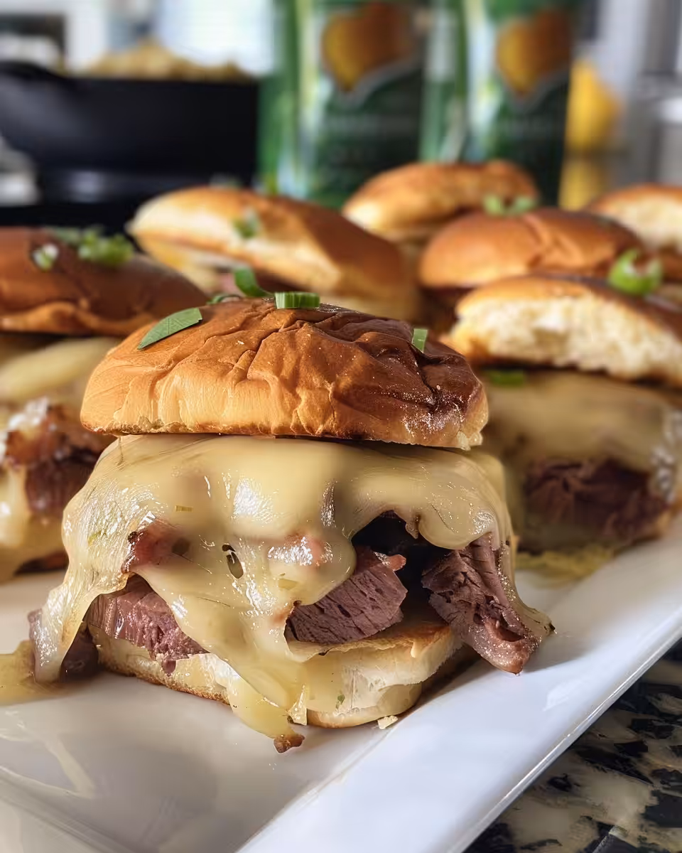 Mouthwatering close-up of melty Irish cheese and tender corned beef in sliders