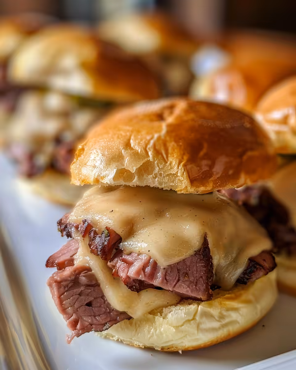 Freshly cooked pressure cooker corned beef sliders with golden brown topping