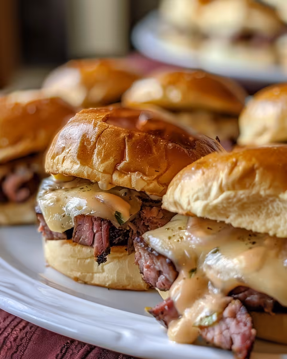 Plated corned beef sliders with melted cheese and golden brown topping