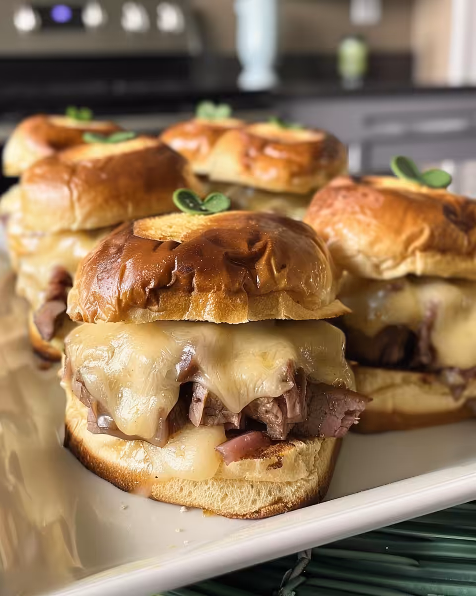 Freshly baked St. Patrick's Day corned beef sliders in a baking dish, golden and inviting