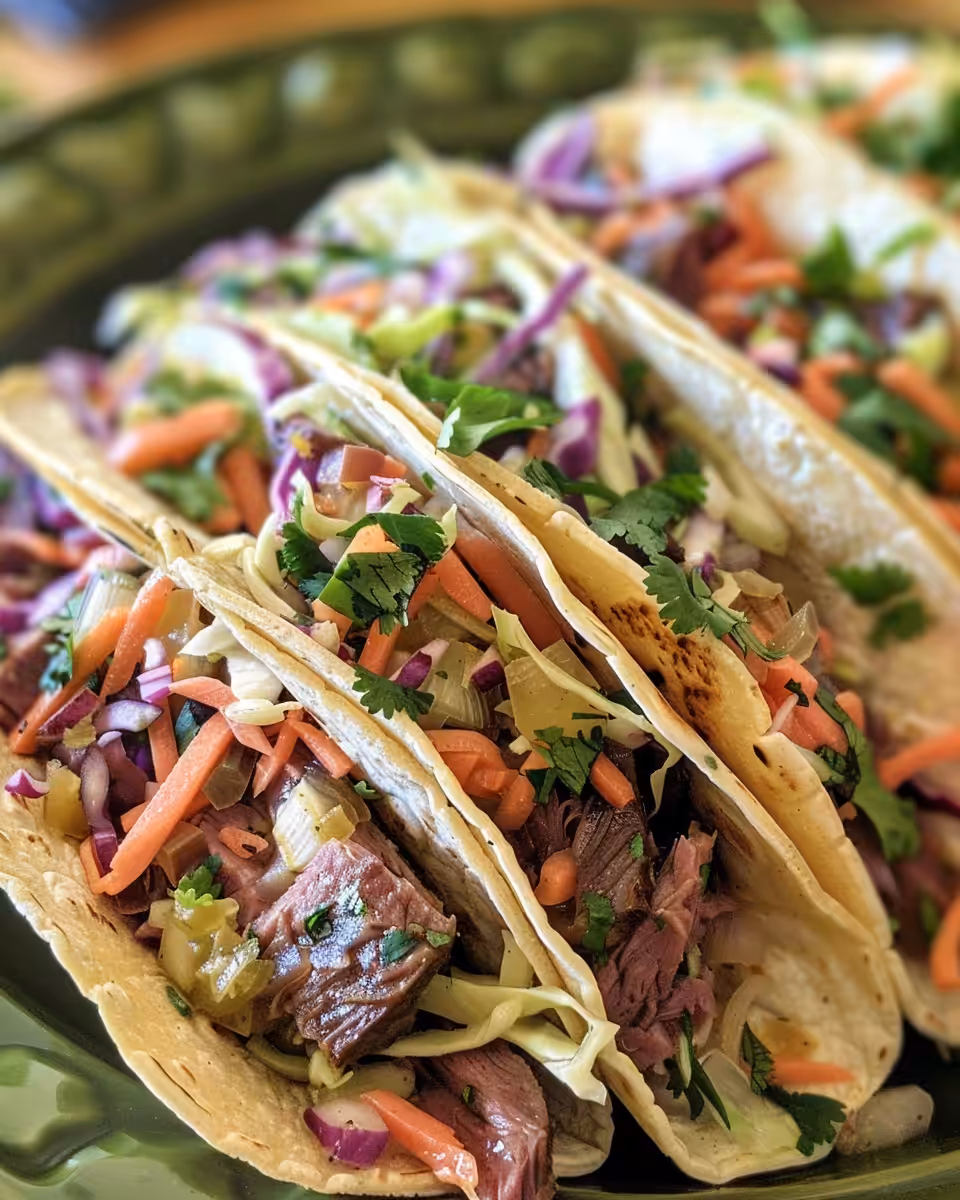 Spiced corned beef tacos with cabbage slaw steaming fresh in kitchen