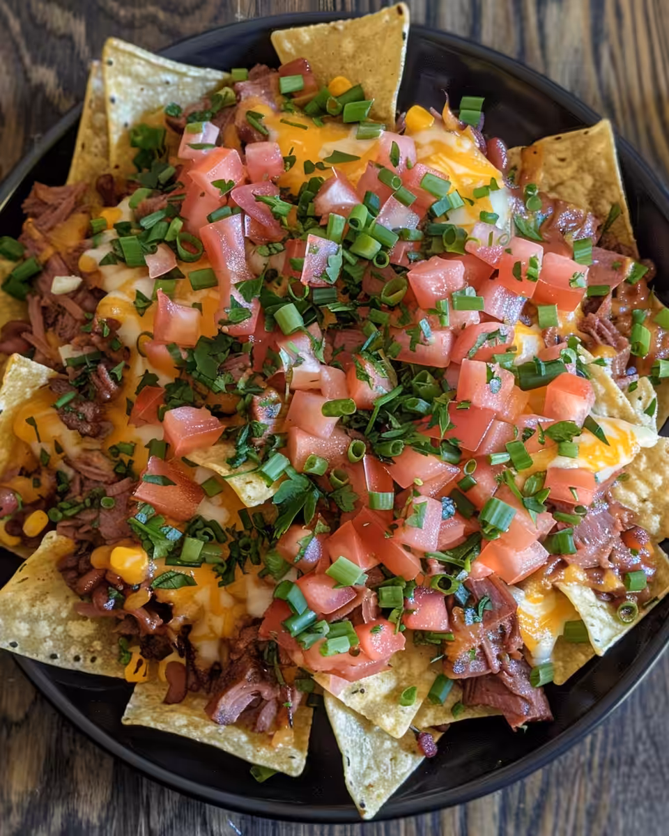 Finished Irish Nachos served hot with melted cheese and garnishes