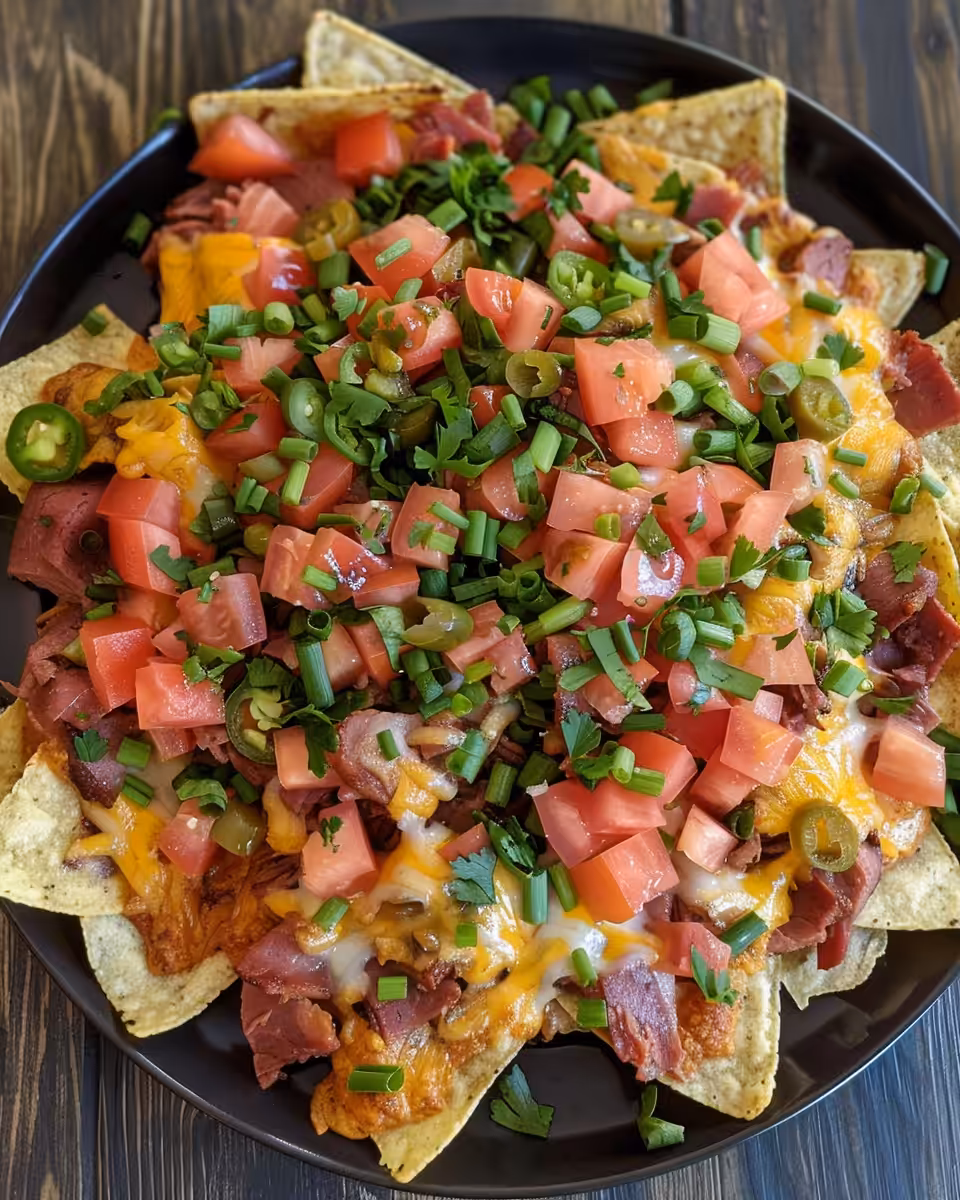 Delicious Irish Nachos with crispy potatoes, corned beef, and melted cheese in pressure cooker