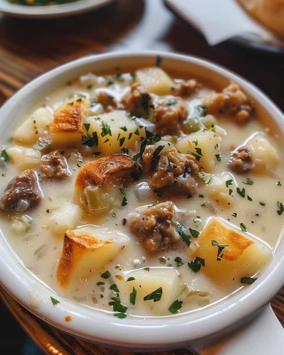 Pressure cooker with stew ingredients simmering including sausages and potatoes