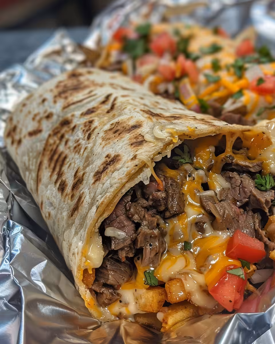 Ingredients including ground beef, potatoes, and seasoning for burritos