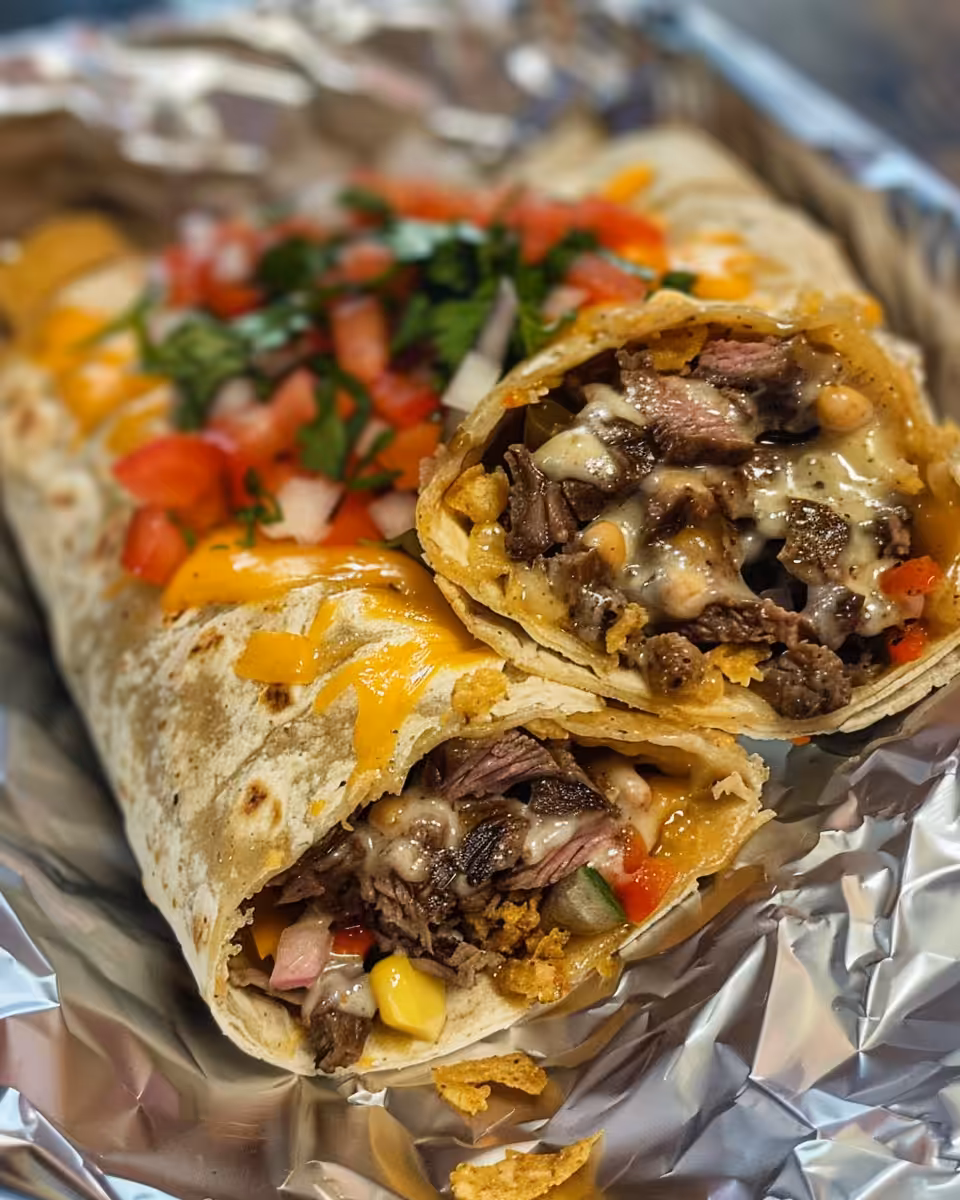 Final served cheesy beef burritos with crispy potato wedges