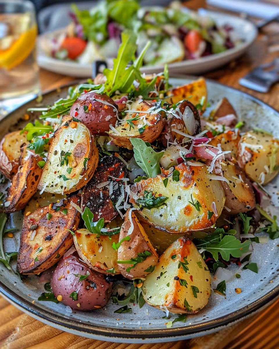 Tender and creamy steakhouse potato salad with bacon and pickles