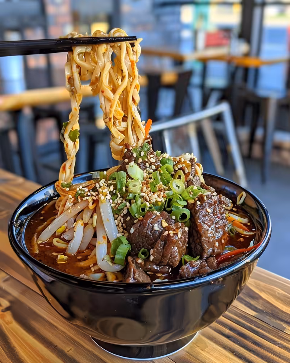 Sticky beef noodles cooking with bright green broccoli and crispy spring onions on top