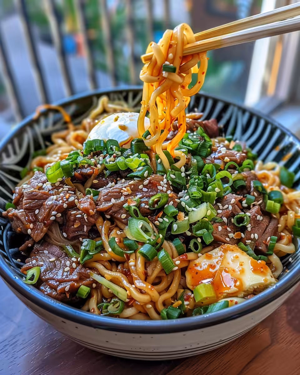 Ingredients for sticky beef and noodles with broccoli and mange tout arranged