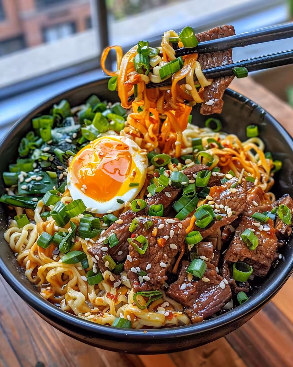 Sticky beef and noodles in pan, mixed and ready to serve