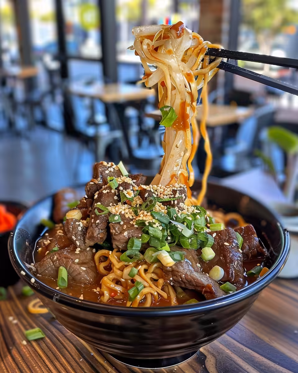 Pressure cooker with sticky beef noodles simmering in rich soy-honey sauce