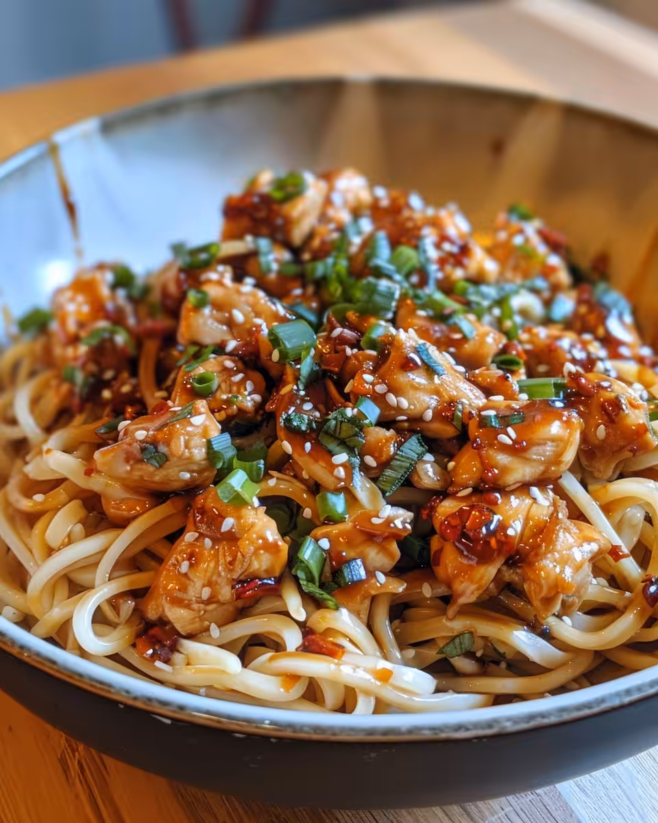 Ingredients and sauce for sticky garlic chicken noodles prepared in bowl