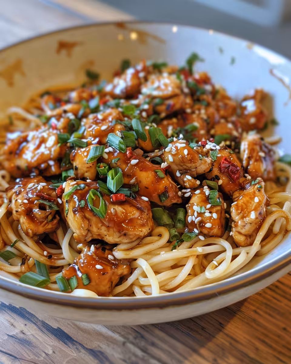 Final serving of sticky garlic chicken noodles garnished with chopped peanuts and cilantro