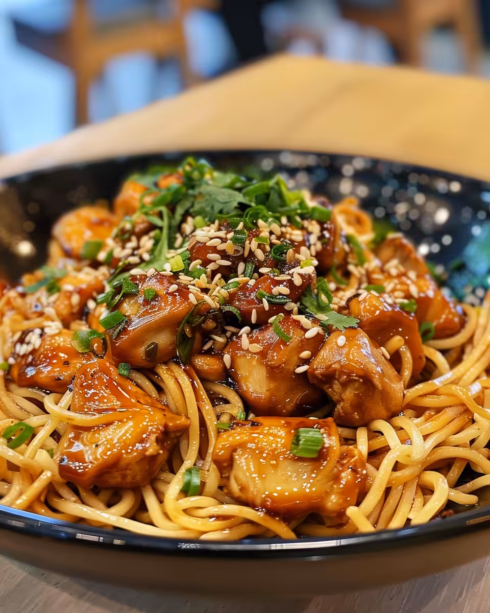 Sticky garlic chicken noodles steaming fresh in pressure cooker