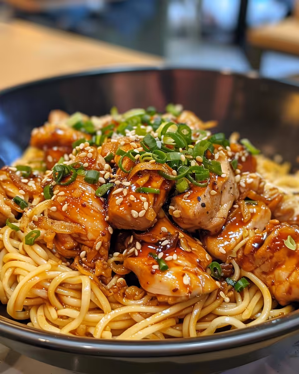 Final plated sticky garlic chicken noodles served with fresh garnishes