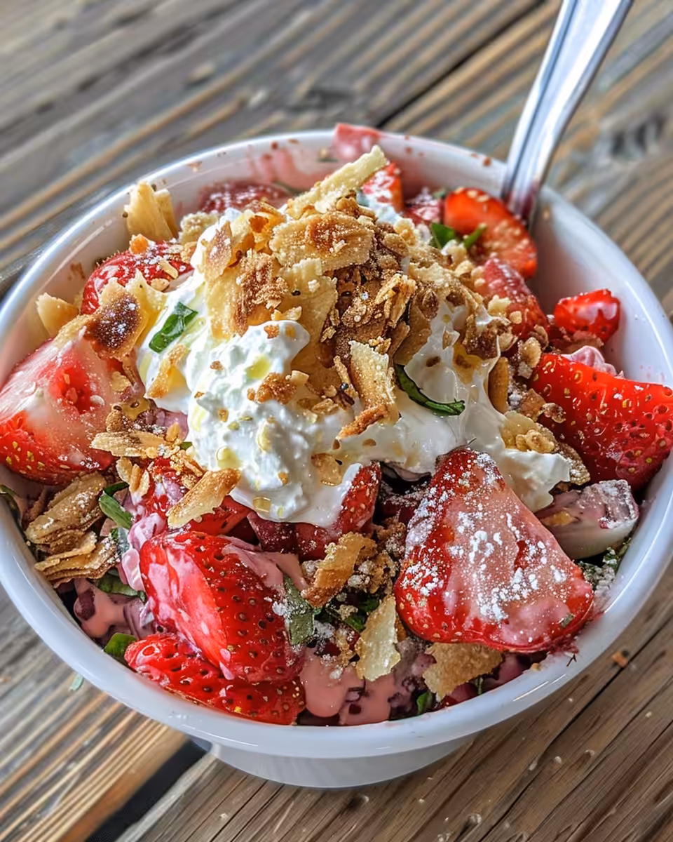 Final strawberry crackle salad plated and ready to serve