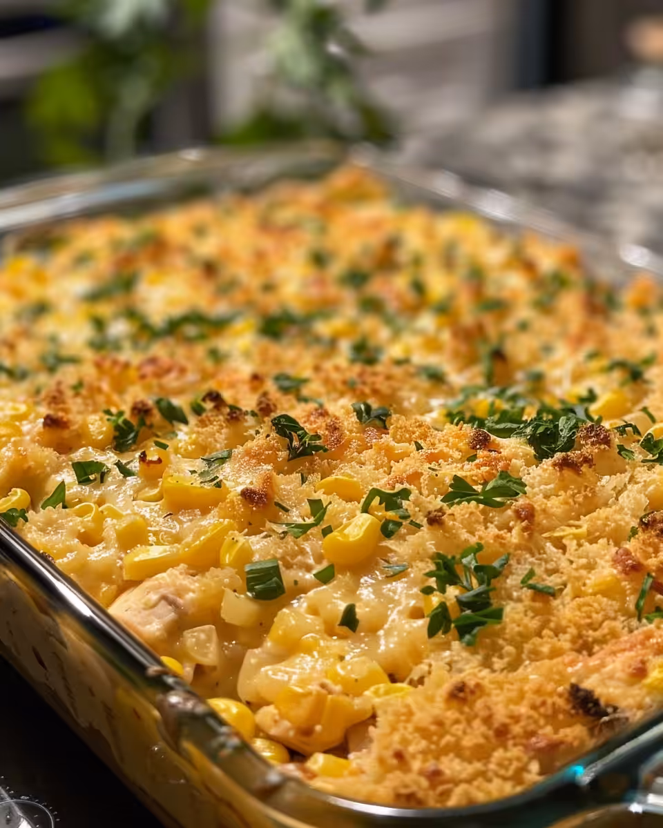 Golden melted cheese topping on street corn chicken casserole ready to serve