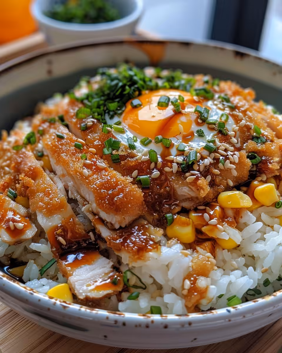 Finished street corn chicken rice bowl with creamy topping and garnishes