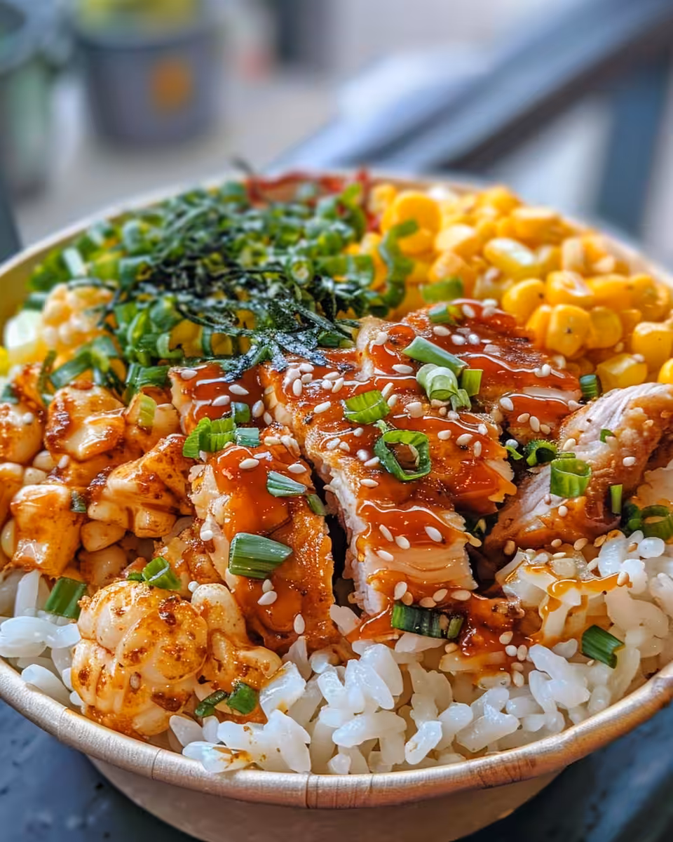 Close-up vibrant street corn chicken rice bowl fresh from pressure cooker
