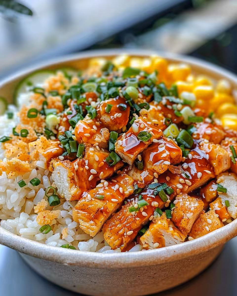 Assembled street corn chicken rice bowl with cooked chicken and toppings