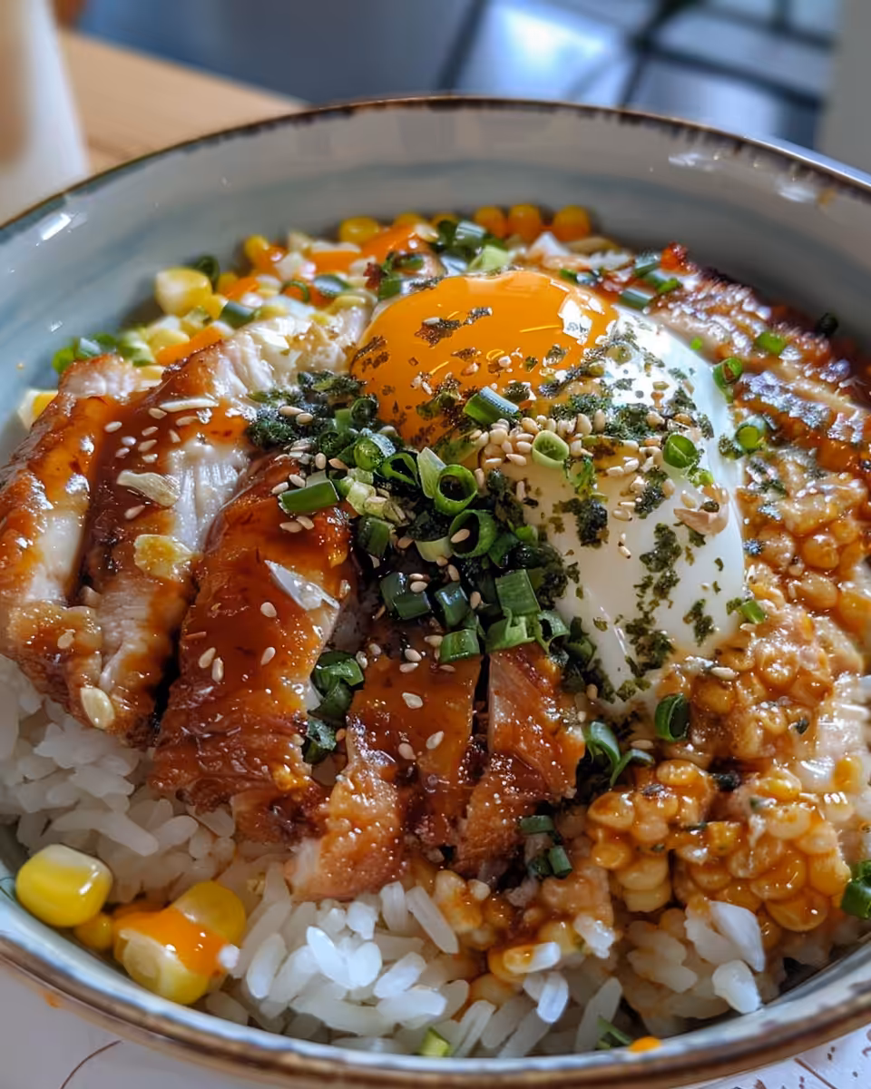Close-up of street corn chicken rice bowl with vibrant colors and textures