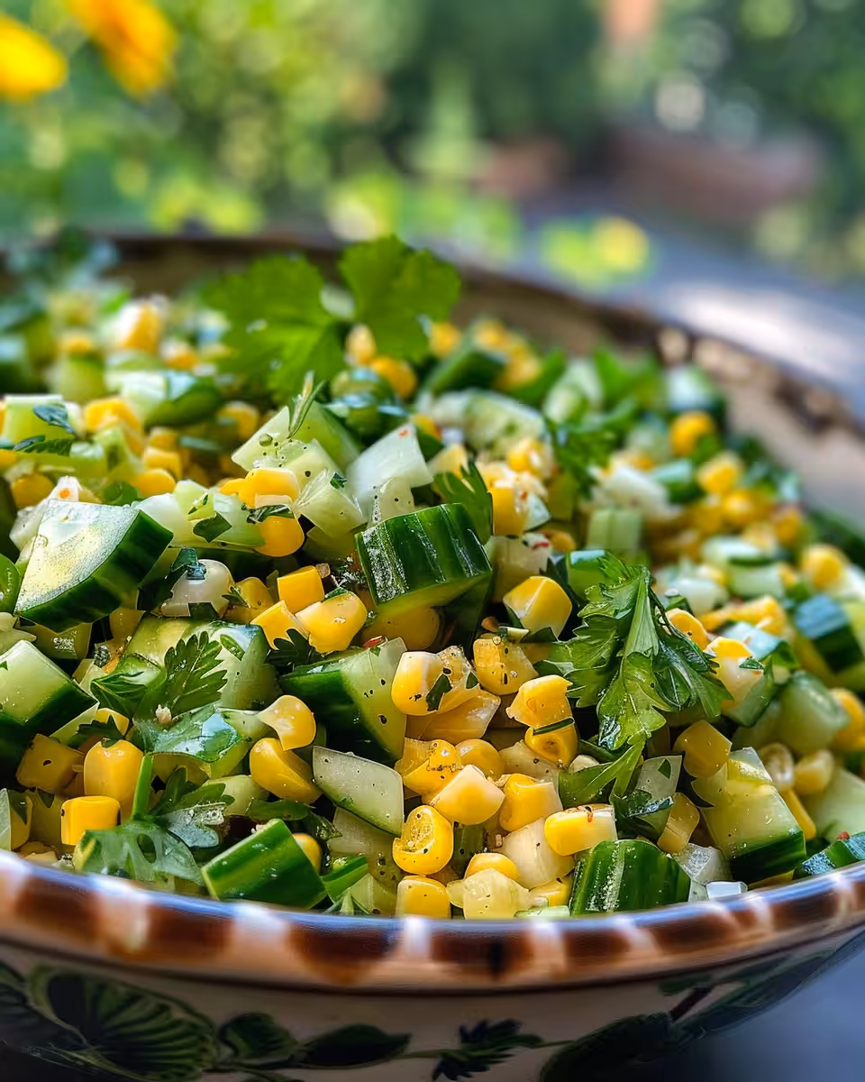 Bowl of ingredients for Mexican street corn salad with cucumber and spices