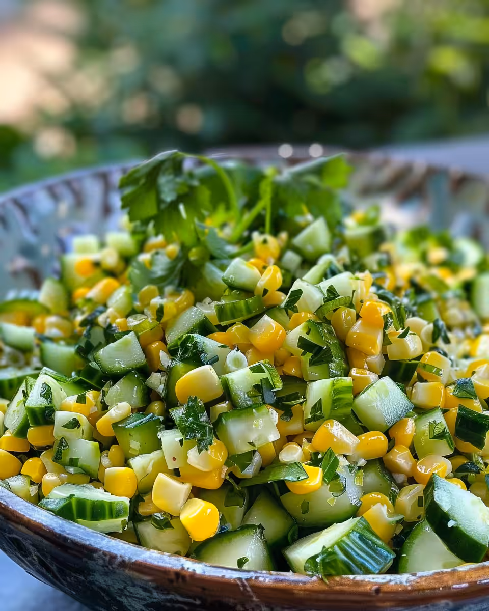 Plated Mexican street corn salad with cucumber and vegan parmesan