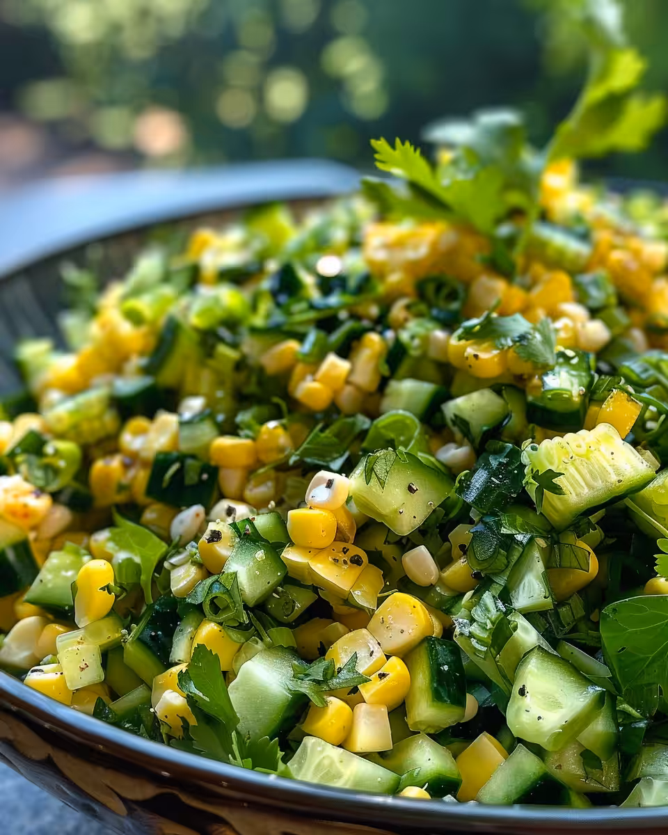 Closeup of fresh Mexican street corn salad with cucumber and cilantro