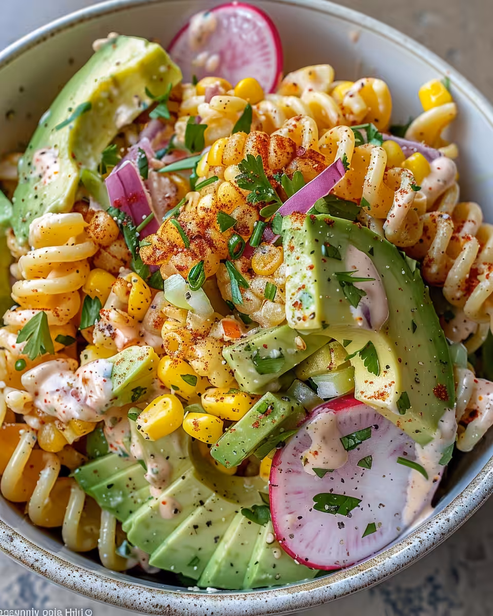 Plated Mexican Street Corn Pasta Salad served chilled with lime wedge