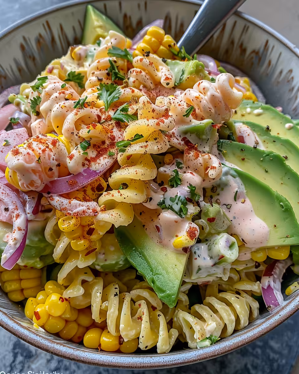 Fresh Mexican street corn pasta salad with creamy dressing in bowl