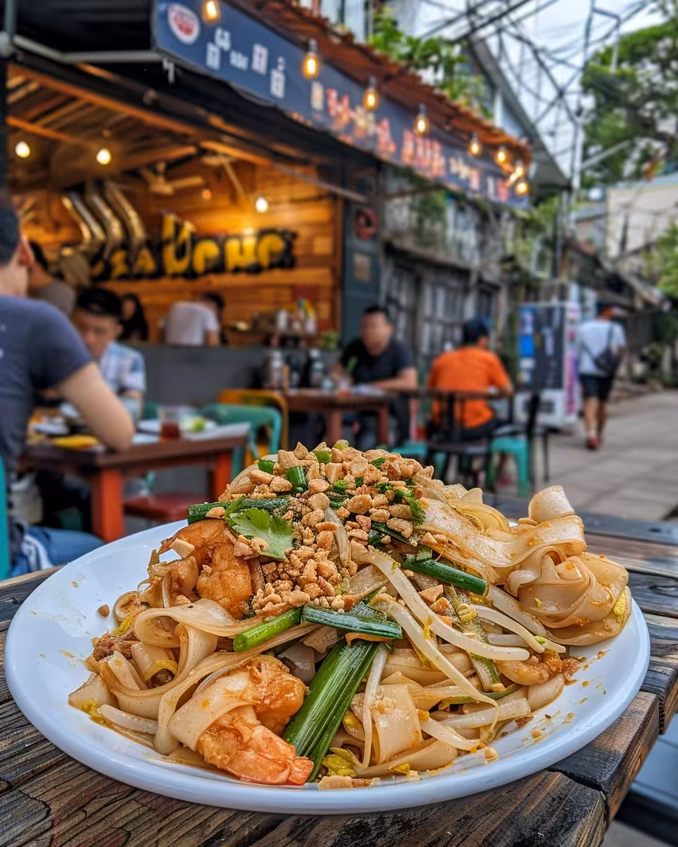 Final plated Thai drunken noodles with herbs and chili garnish