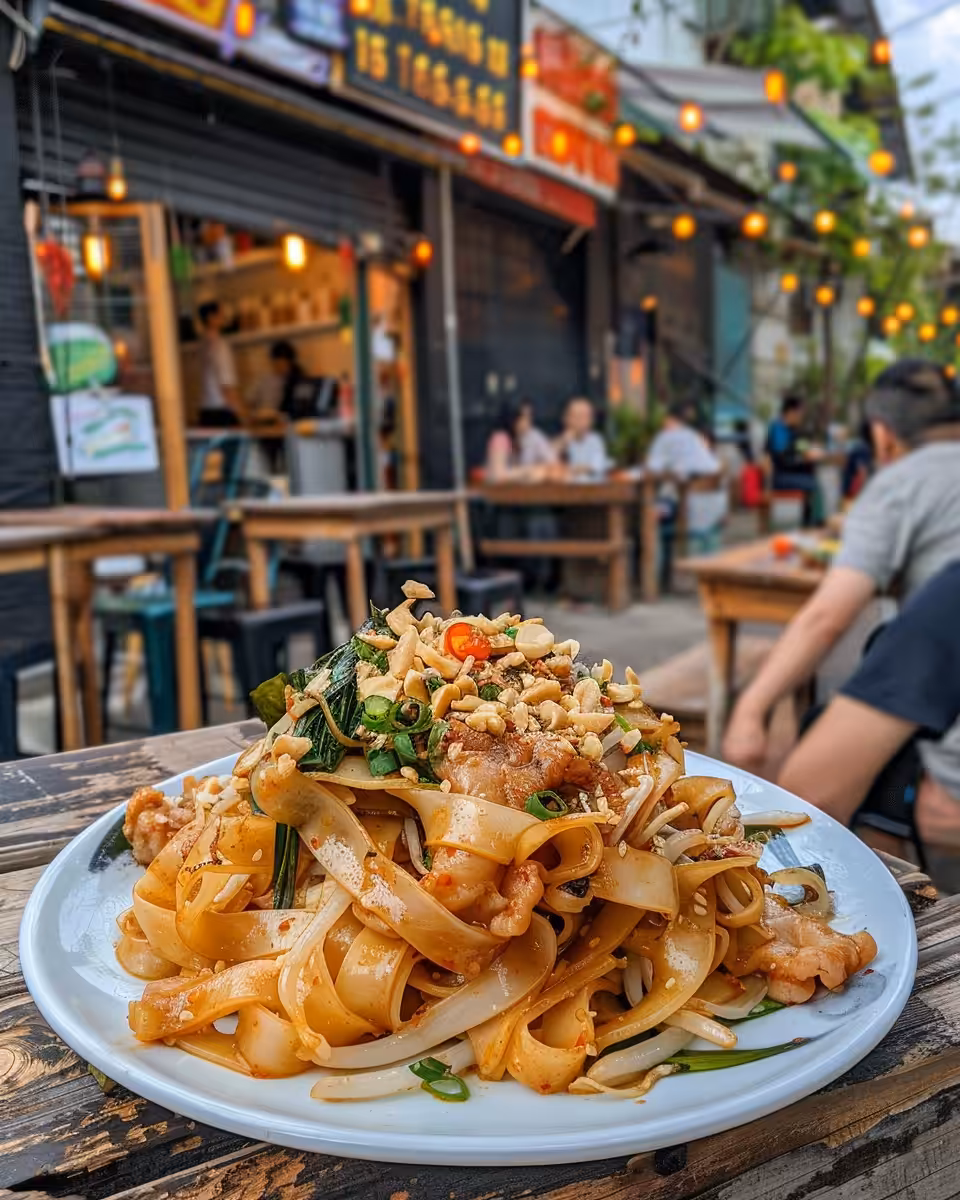 Street style Thai drunken noodles freshly cooked in pressure cooker