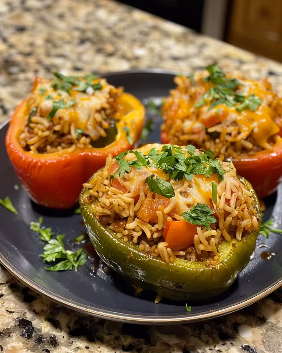 Stuffed bell peppers filled and topped with cheese ready to bake