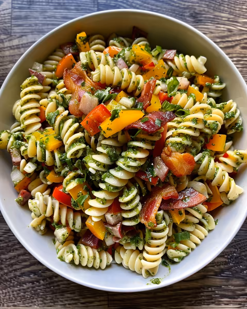 Serving of summer pasta salad with fresh veggies and bacon with creamy pesto dressing