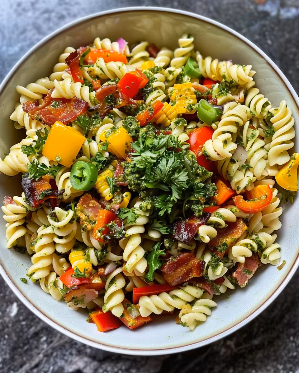 Summer pasta salad with corn, bell pepper, bacon, and creamy pesto dressing in a bowl