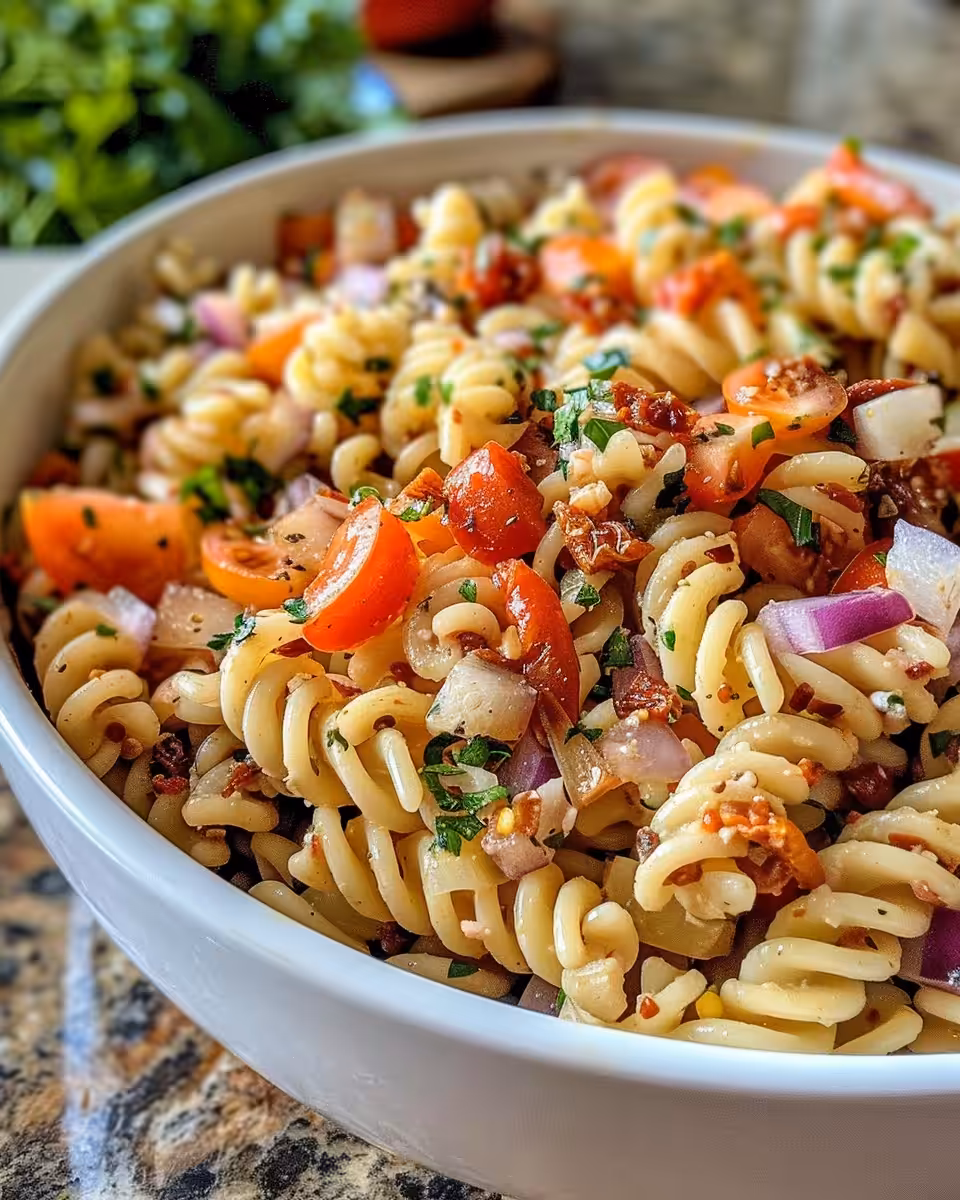 Caprese pasta salad with sun-dried tomatoes fresh and colorful