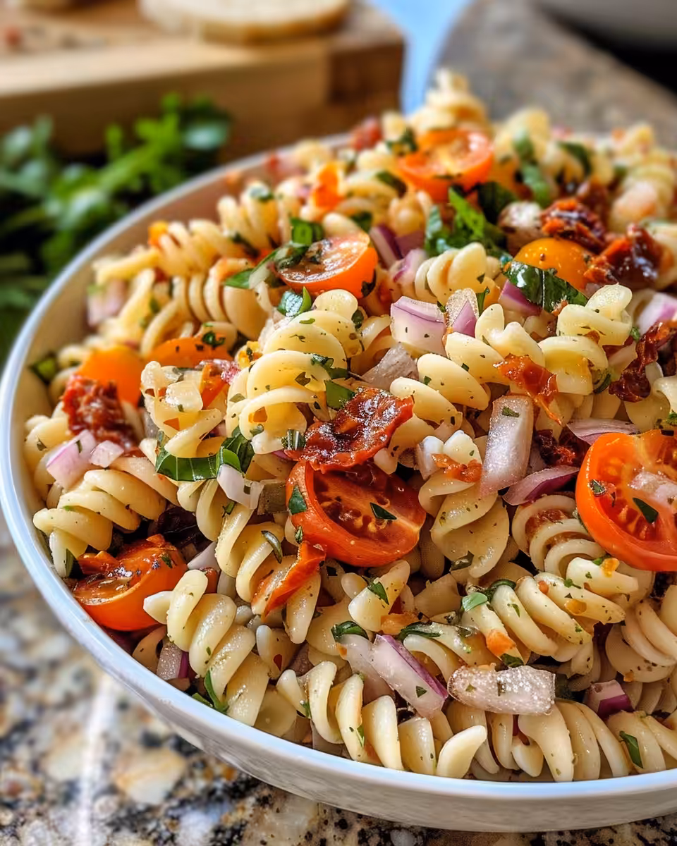 Sun-dried tomatoes and ingredients for Caprese pasta salad laid out on table