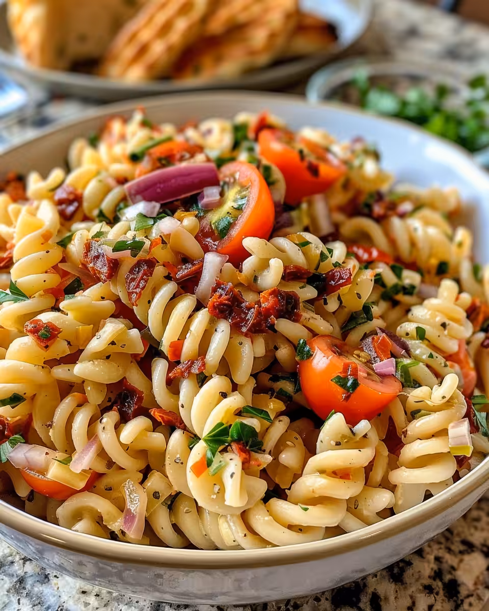 Mixed Caprese pasta salad with fresh mozzarella, basil, and sun-dried tomatoes in a bowl