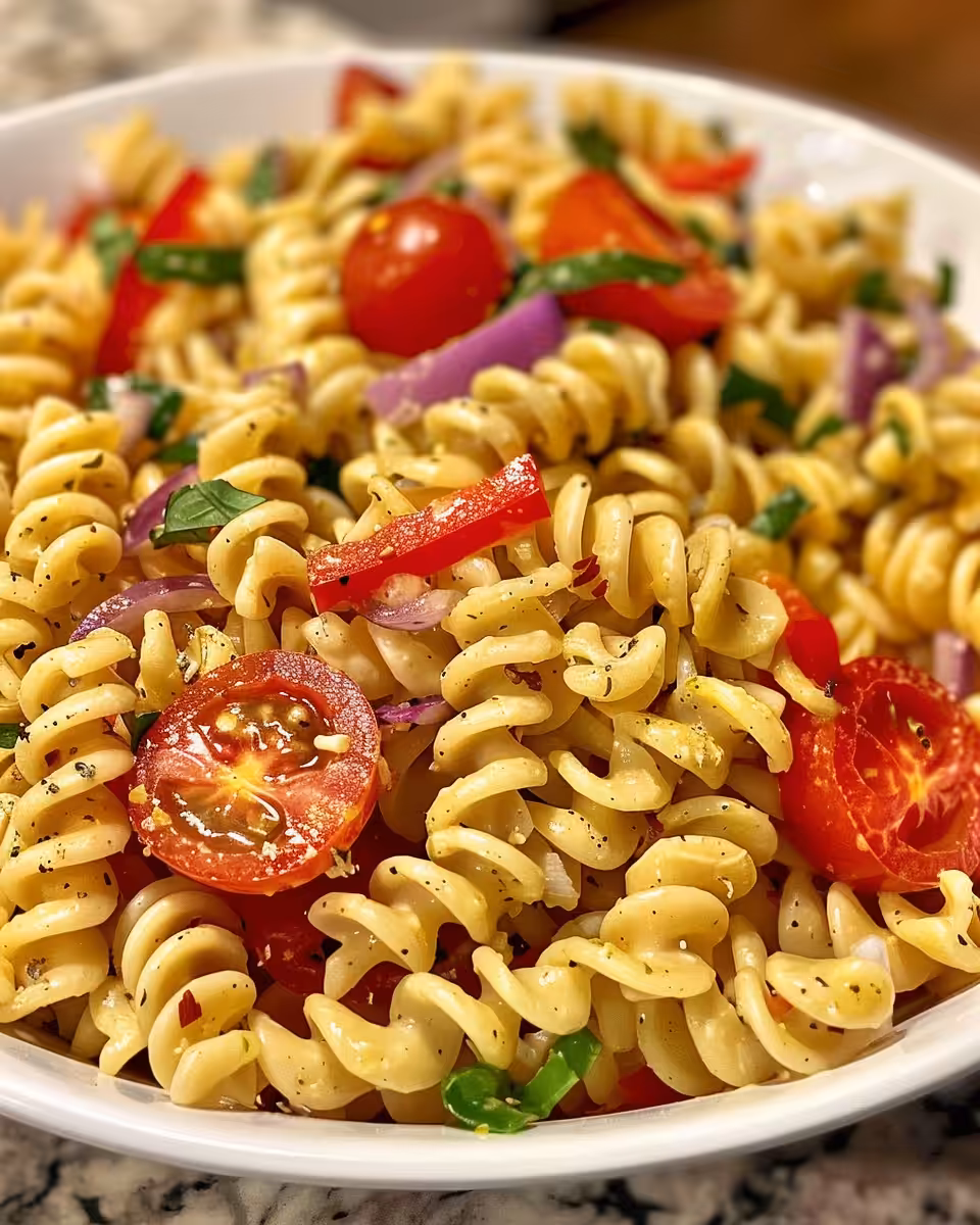 Close up of served spaghetti pasta salad with fresh veggies and seasoning