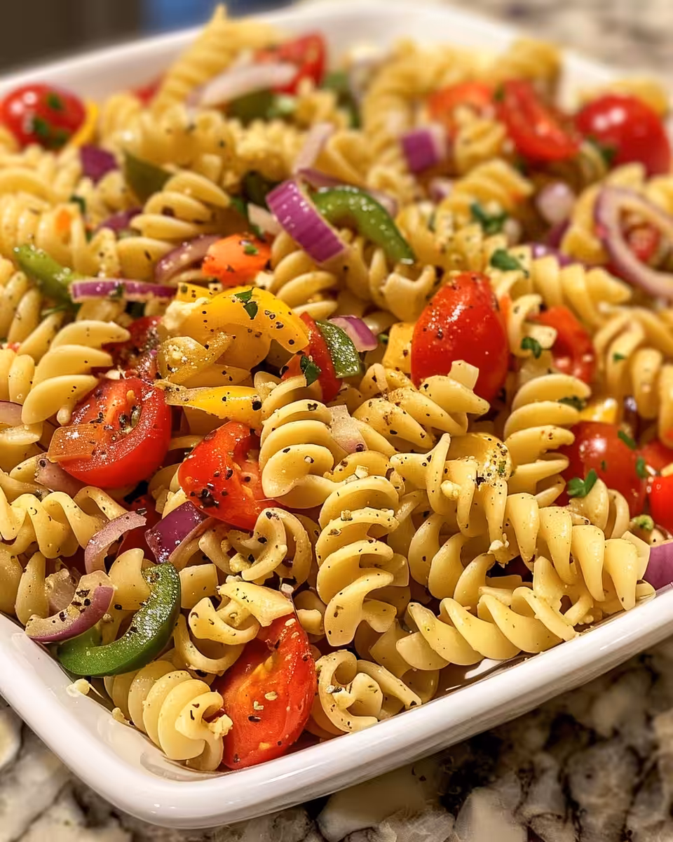 Freshly tossed spaghetti pasta salad with Italian dressing and fresh veggies in a bowl