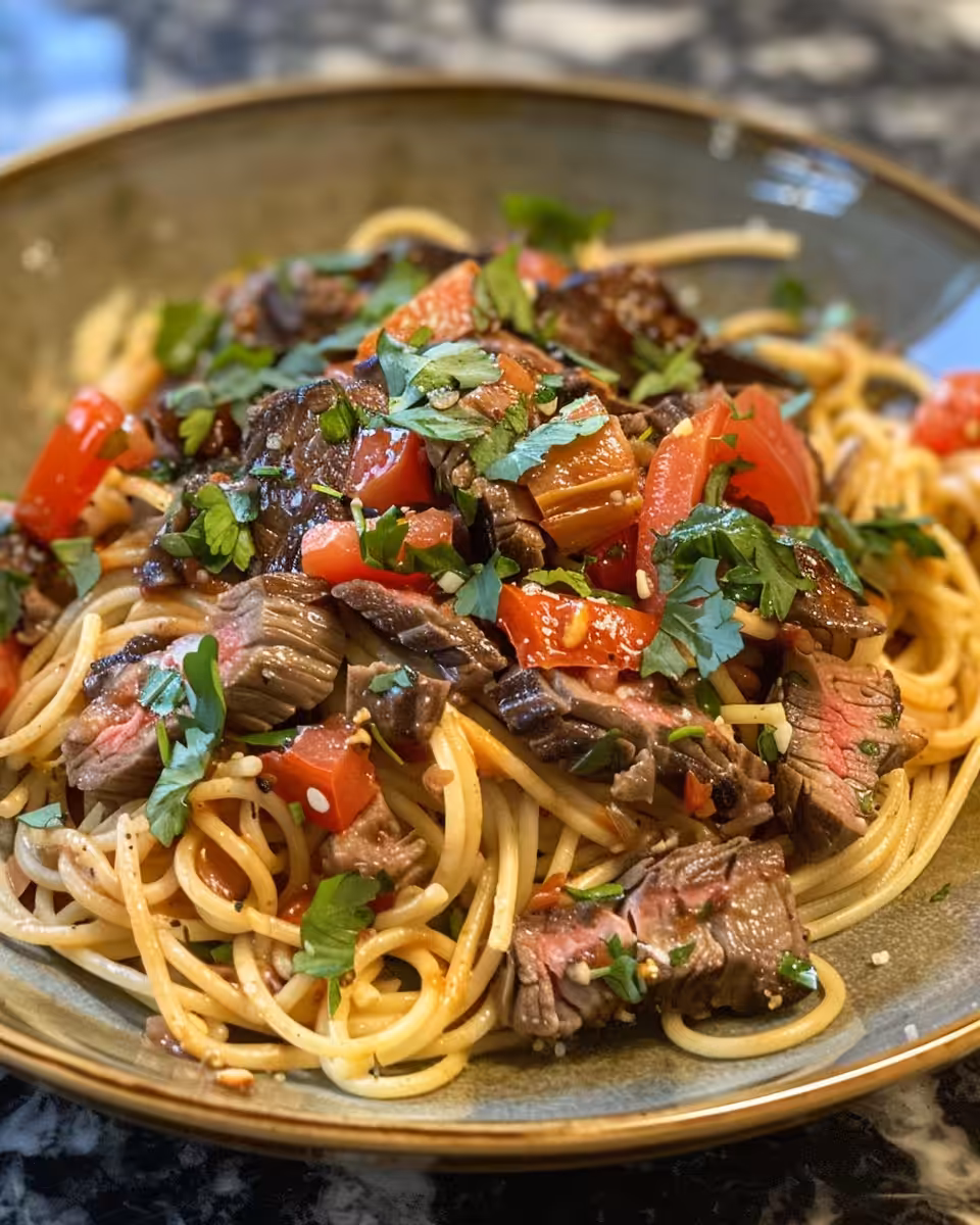 Final plated garlic butter steak bites served with fresh coriander and sauce