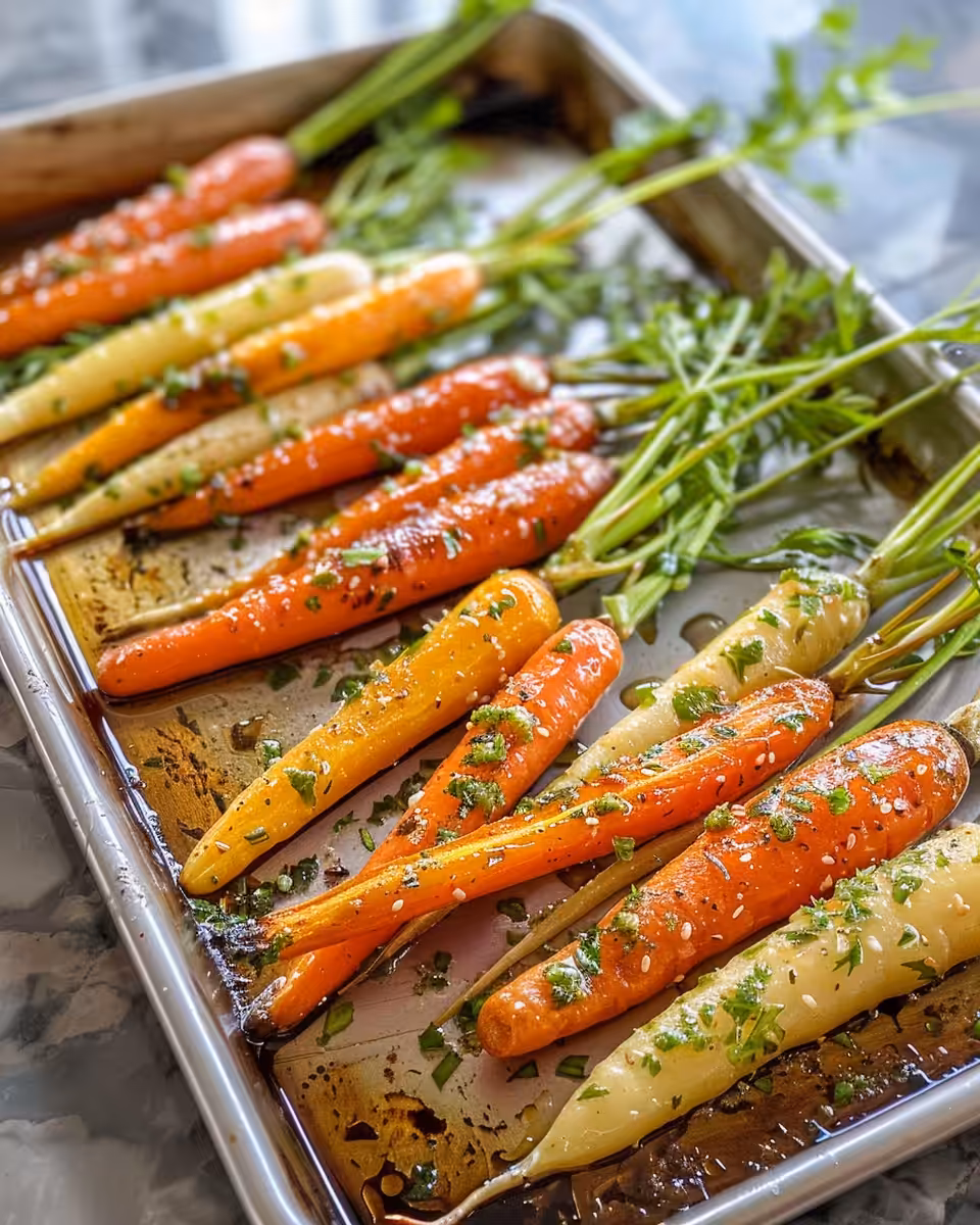 Golden brown honey garlic roasted carrots served garnished with parsley
