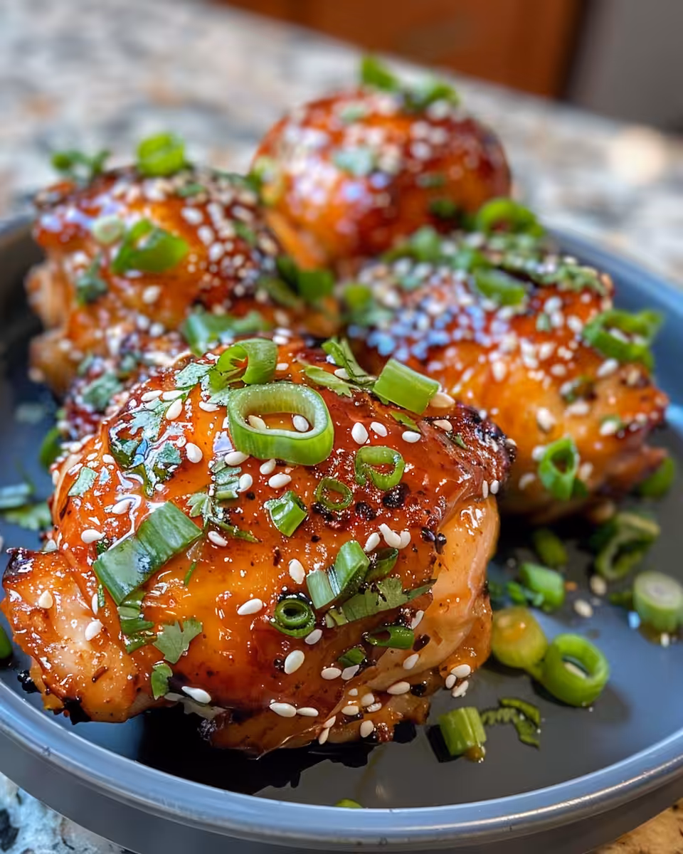 Finished sweet chili glazed chicken thighs ready to serve with caramelized sticky sauce