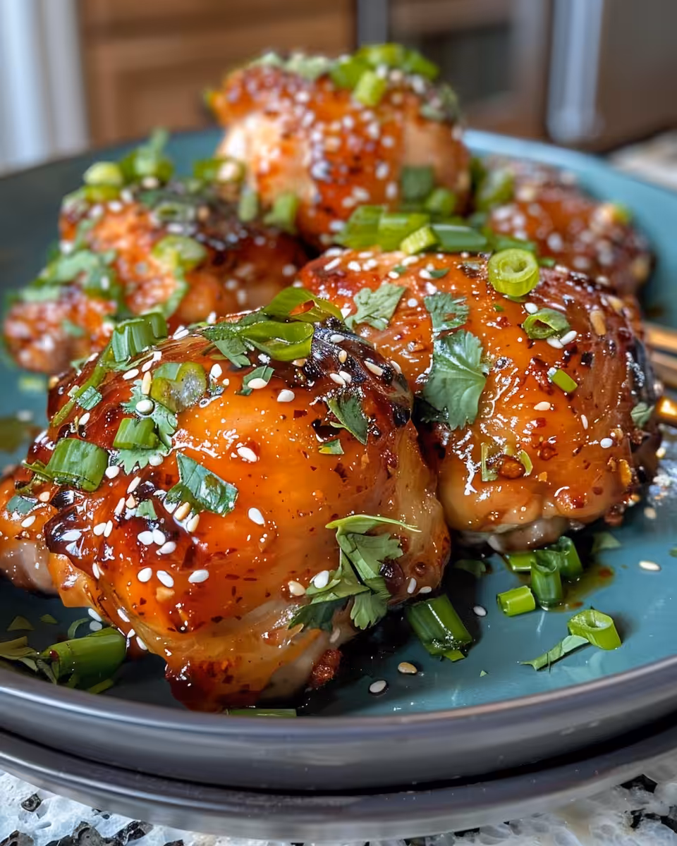 Sweet chili glazed chicken thighs cooking in air fryer, aromatic and sizzling