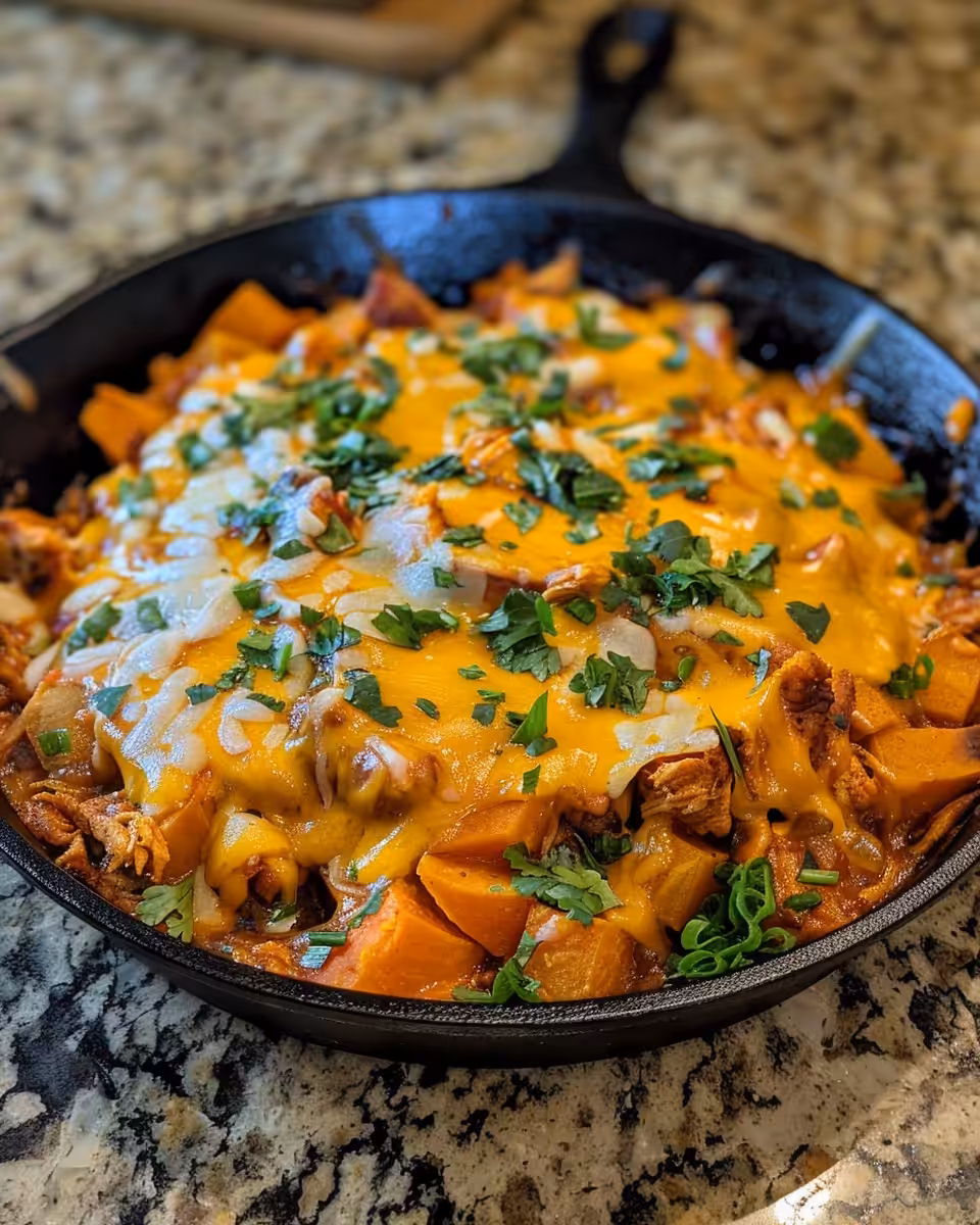 Ingredients for sweet potato skillet with BBQ chicken and cheese prepared