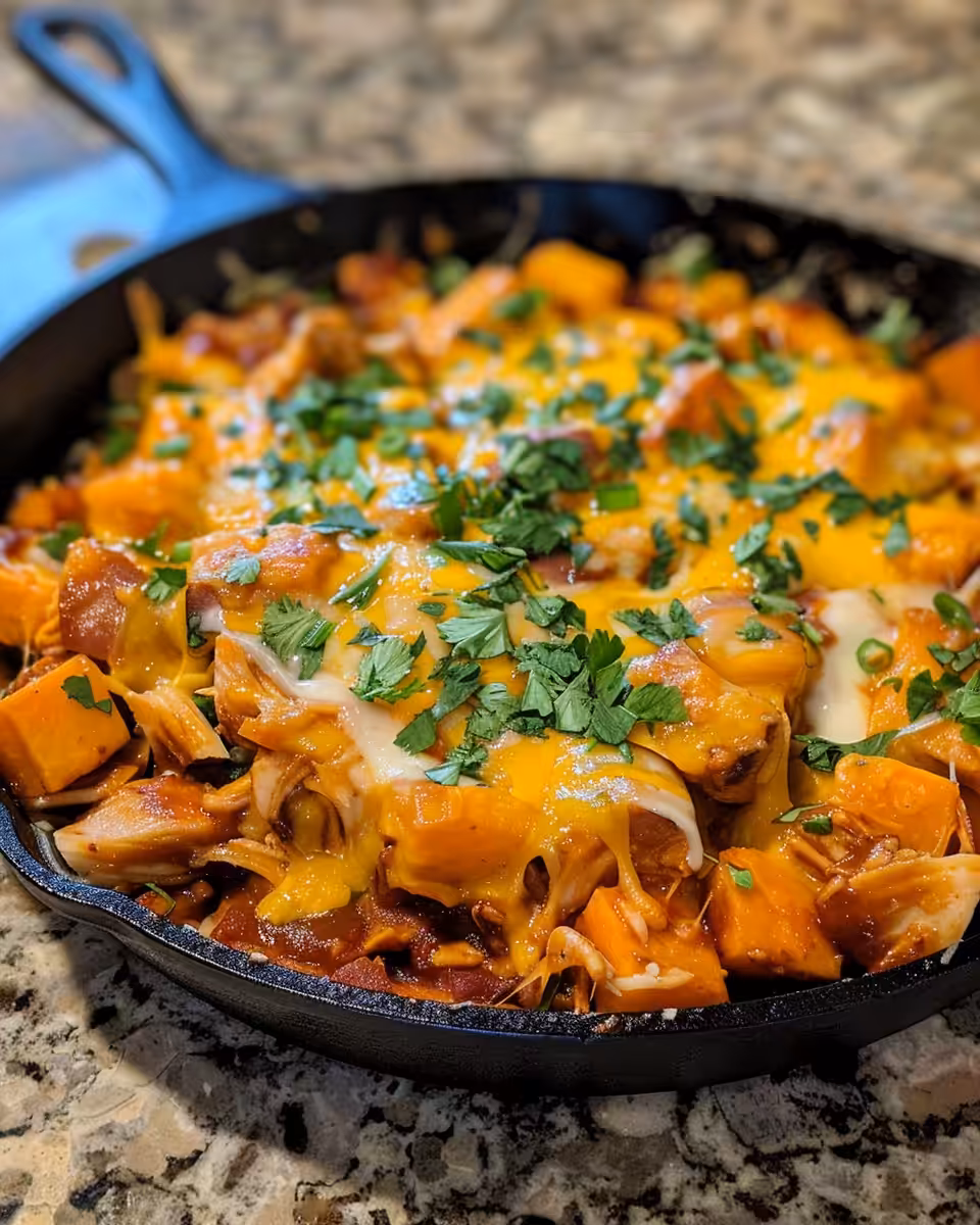 Final sweet potato skillet with BBQ chicken and melted cheese plated