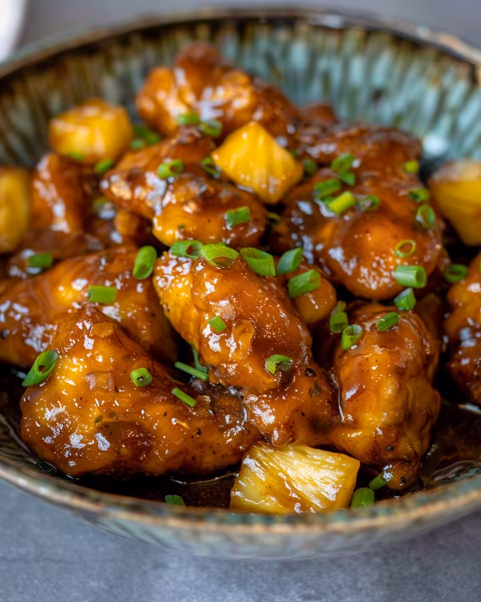 Finished sticky bourbon chicken skewers plated and ready to serve