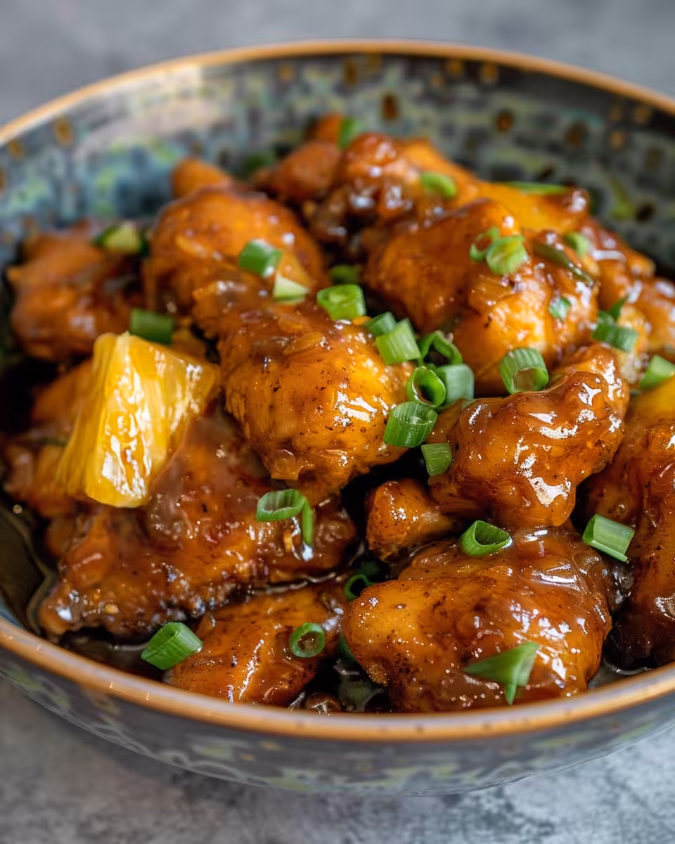 Close up of sticky bourbon chicken cooking in pressure cooker with honey glaze